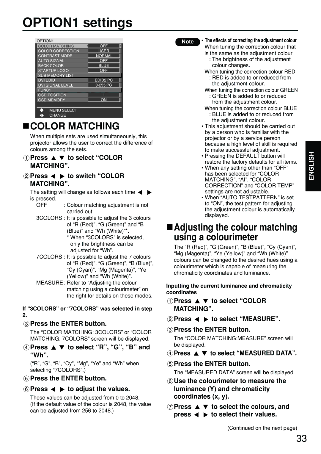 Panasonic PT-DW5100EL, PT-D5700EL manual OPTION1 settings, Color Matching, Press to select R, G, B and Wh 