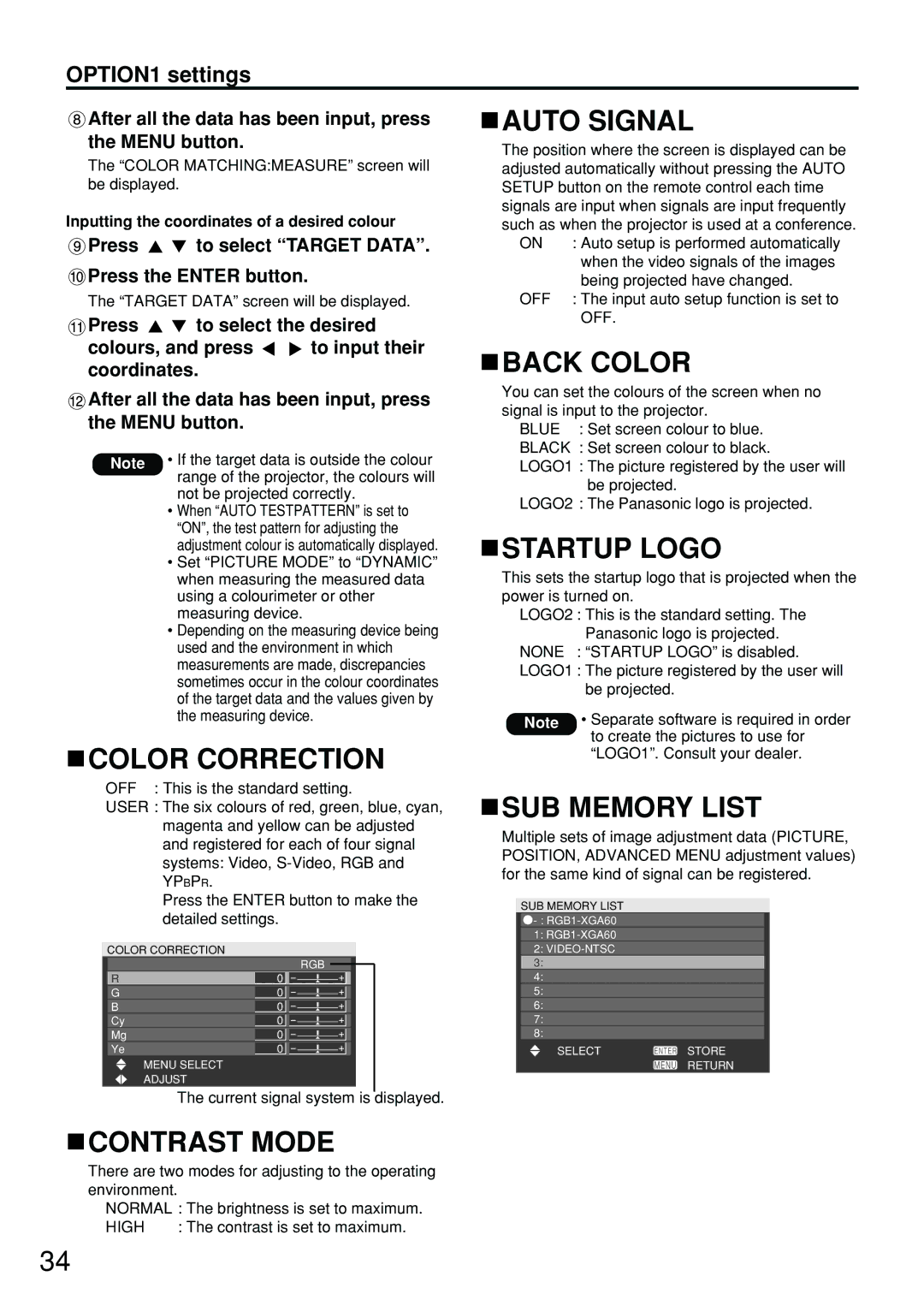 Panasonic PT-D5700EL, PT-DW5100E Color Correction, Contrast Mode, Auto Signal, Back Color, Startup Logo, SUB Memory List 