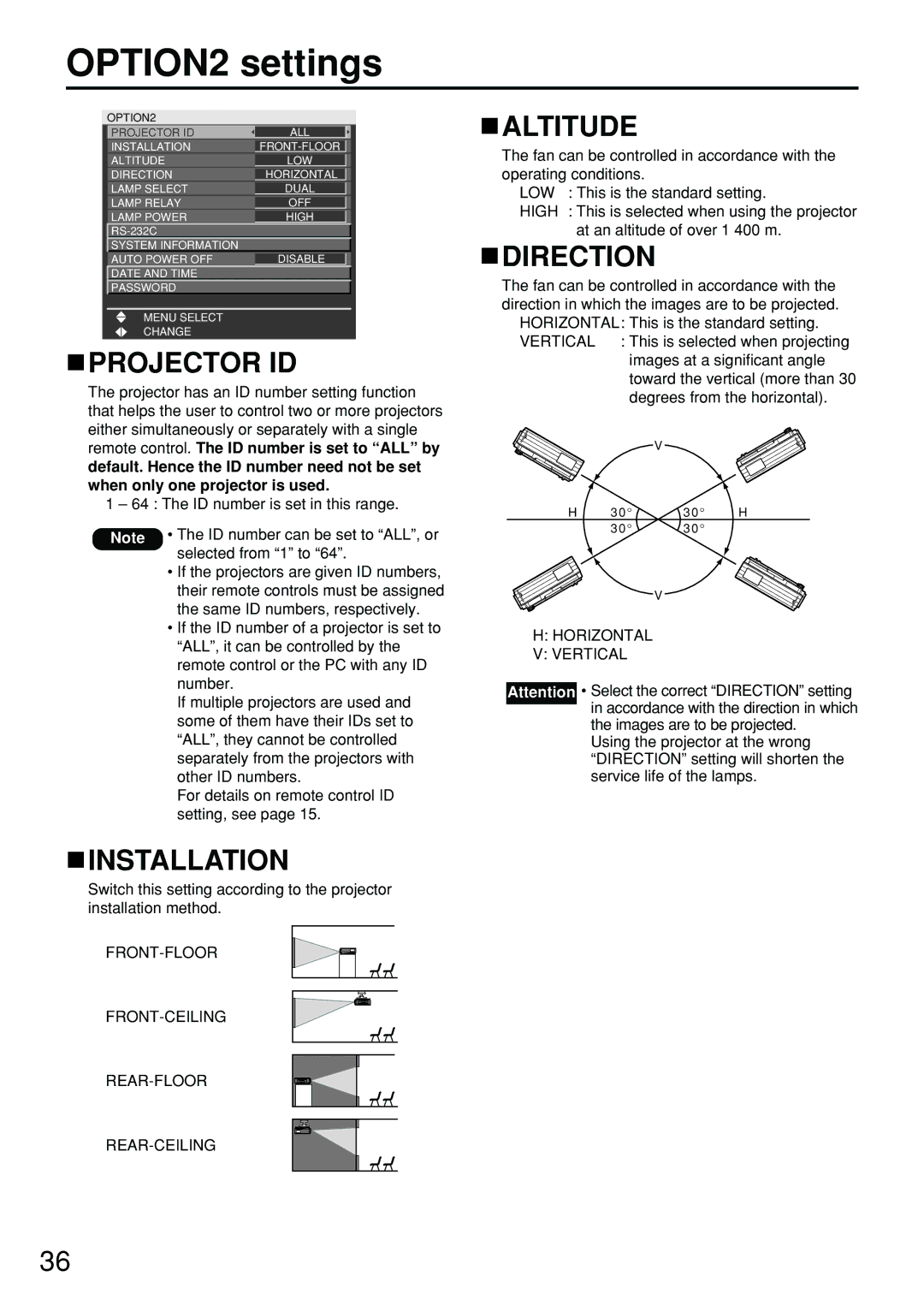 Panasonic PT-DW5100EL, PT-D5700EL manual OPTION2 settings, Projector ID, Installation, Altitude, Direction 