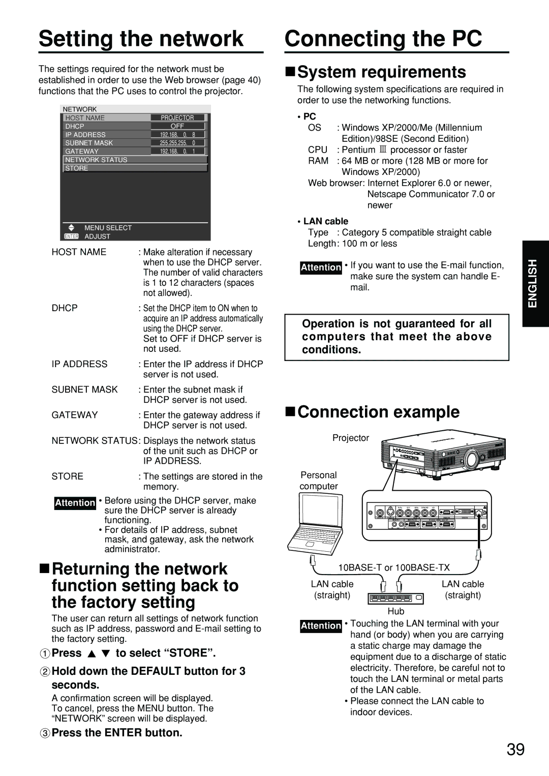 Panasonic PT-D5700E, PT-DW5100E Setting the network, Connecting the PC, System requirements, Connection example, LAN cable 