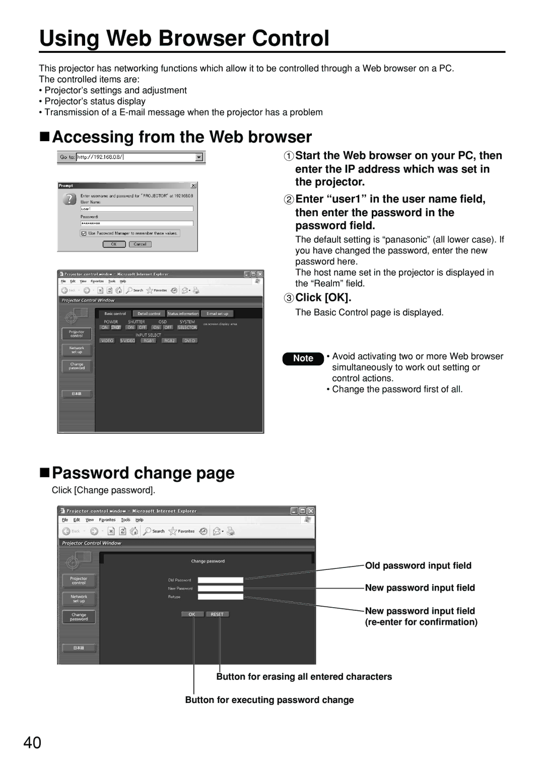 Panasonic PT-DW5100EL, PT-D5700EL Using Web Browser Control, Accessing from the Web browser, Password change, Click OK 