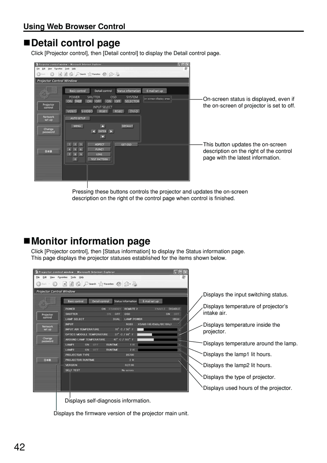 Panasonic PT-D5700EL, PT-DW5100EL manual Detail control, Monitor information 