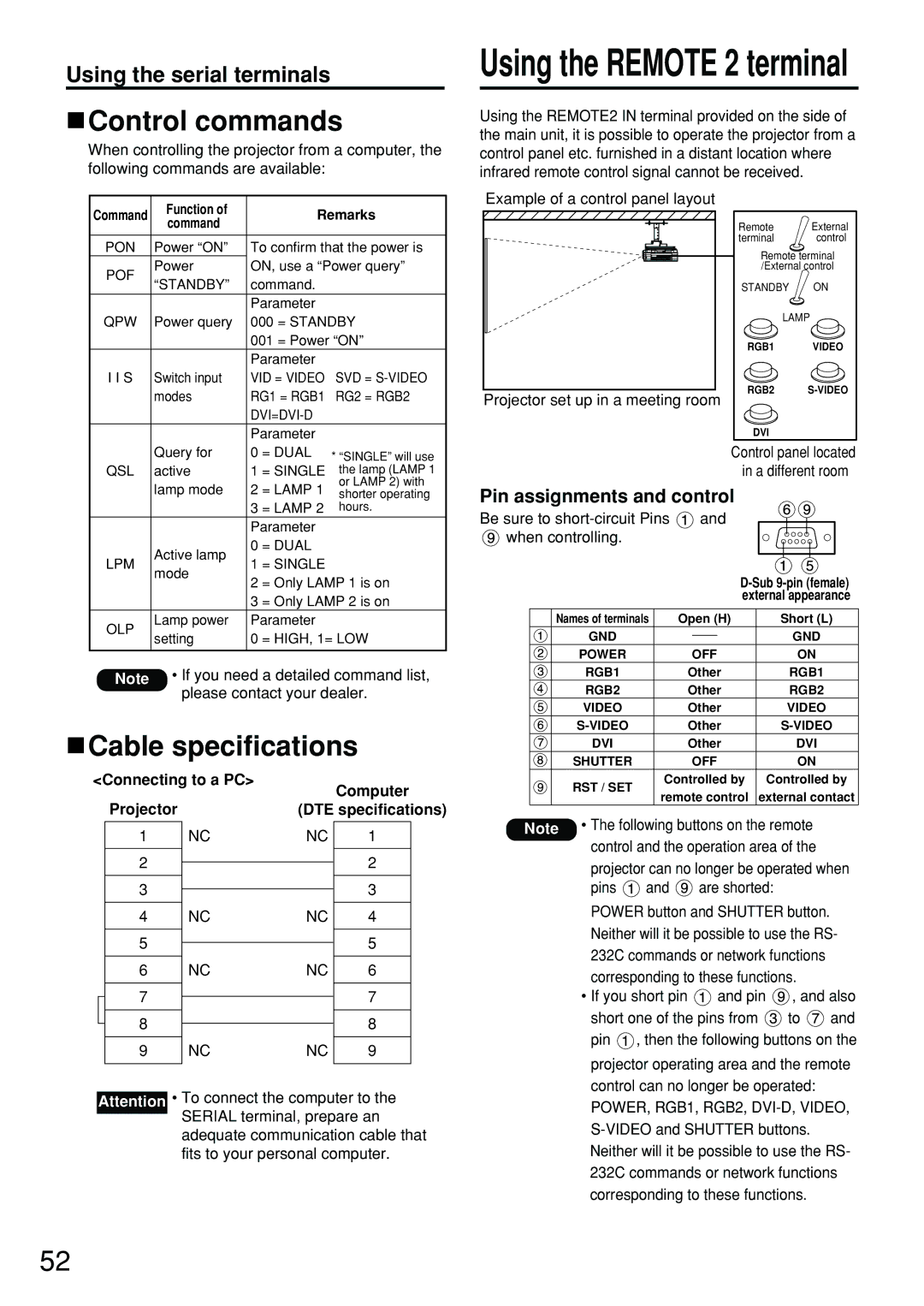 Panasonic PT-DW5100EL, PT-D5700EL manual Control commands, Cable specifications, Pin assignments and control 