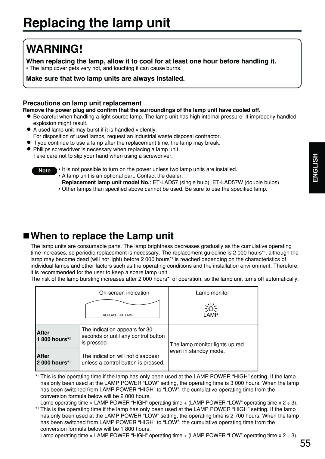 Panasonic PT-DW5100EL, PT-D5700EL manual Replacing the lamp unit, When to replace the Lamp unit, After, Hours 