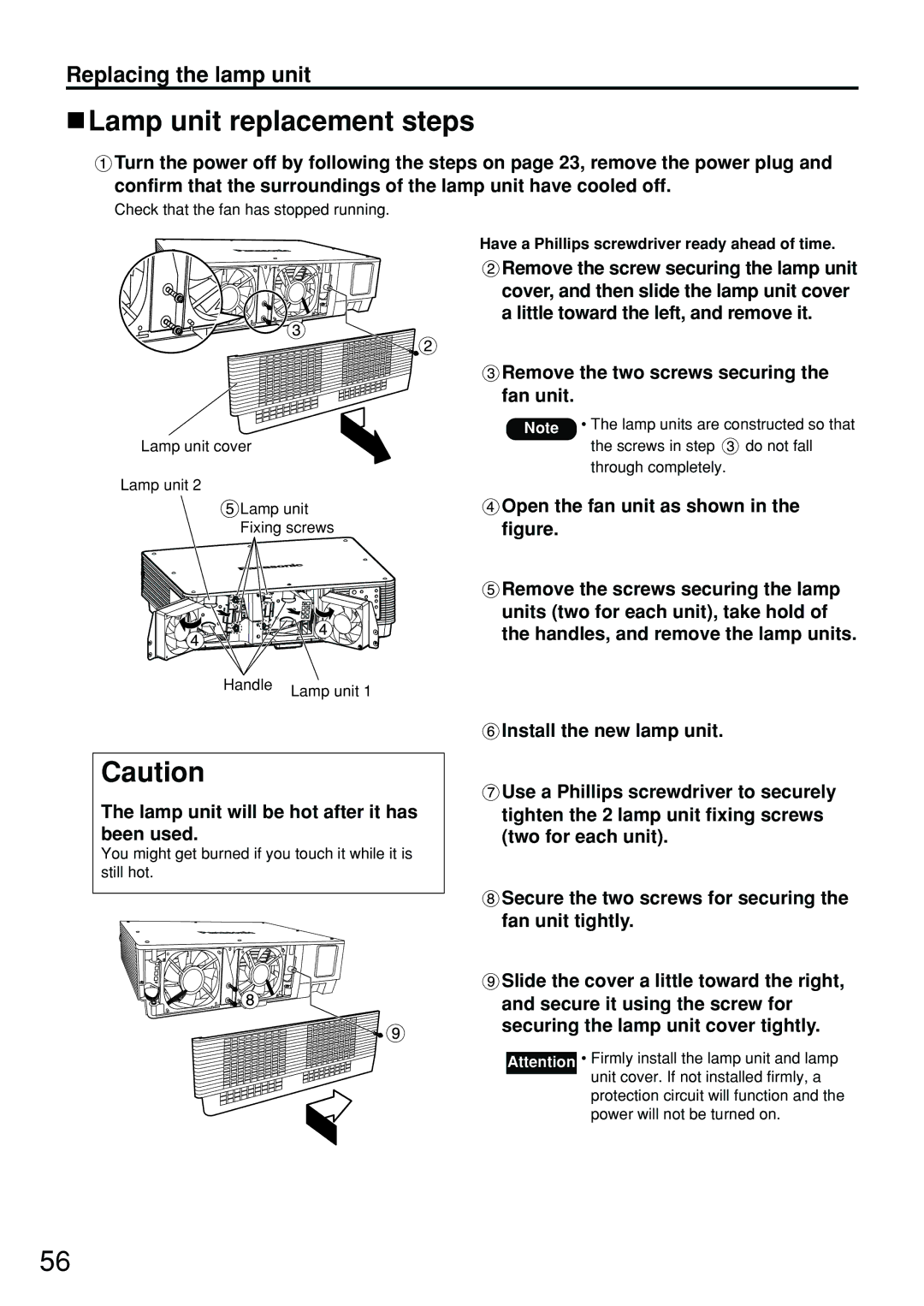 Panasonic PT-DW5100EL, PT-D5700EL manual Lamp unit replacement steps, Remove the two screws securing the fan unit 