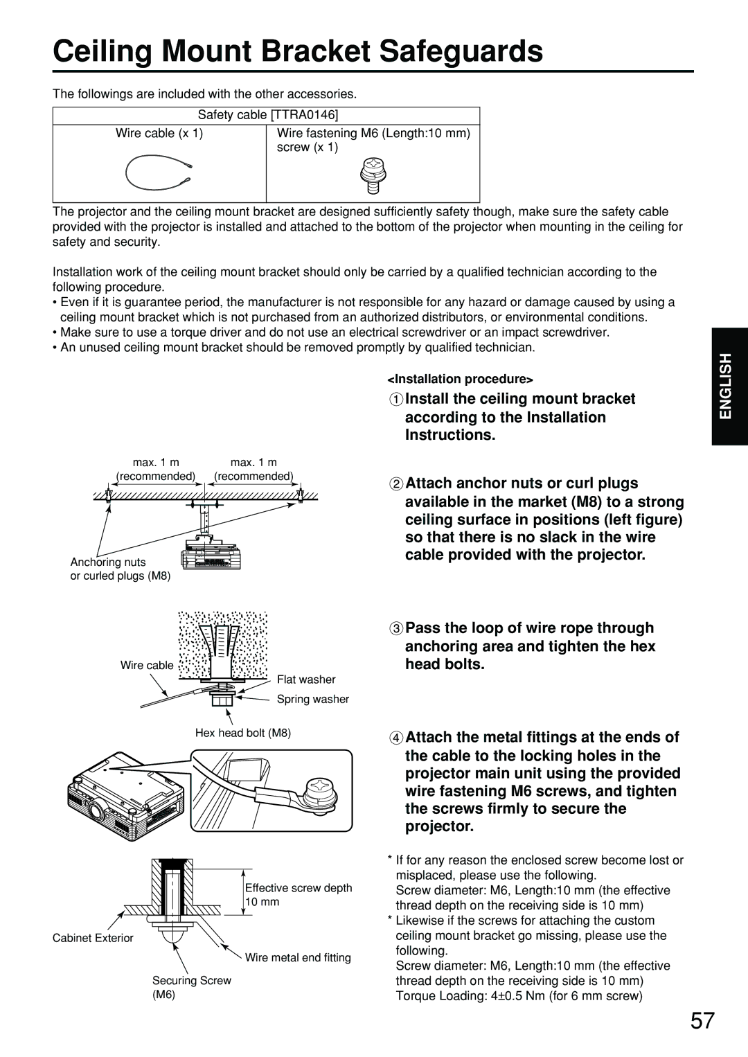 Panasonic PT-DW5100EL, PT-D5700EL manual Ceiling Mount Bracket Safeguards, Installation procedure 