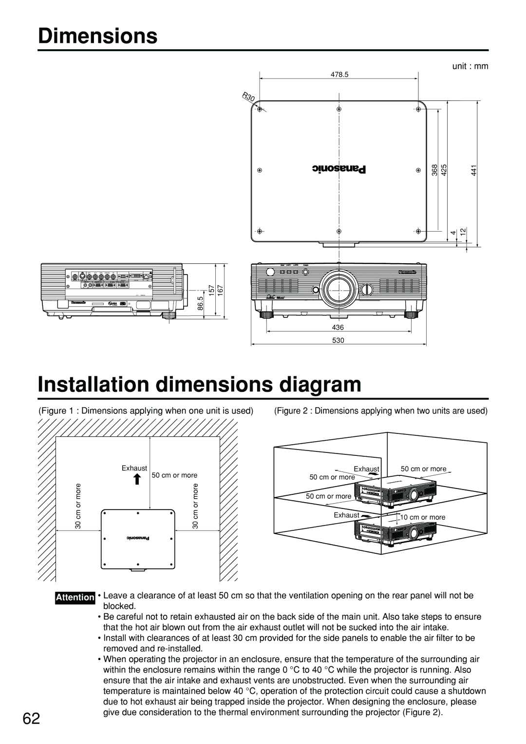 Panasonic PT-D5700EL, PT-DW5100EL manual Dimensions, Installation dimensions diagram 