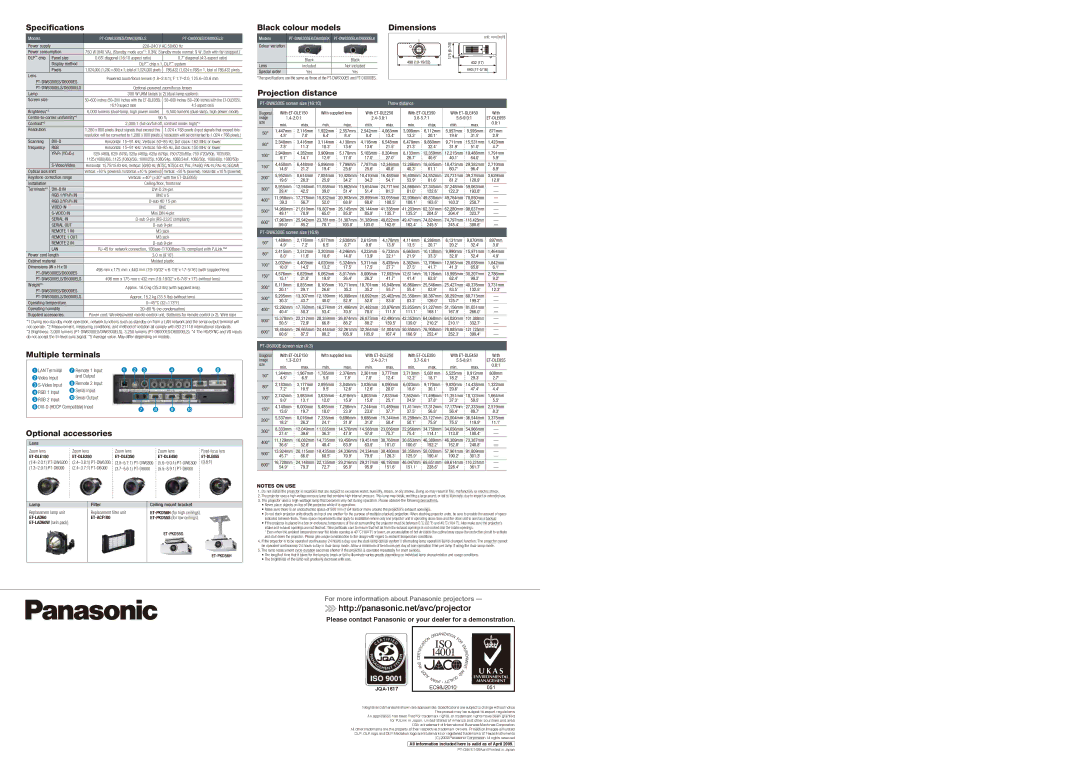 Panasonic PT-DW6300ELS manual Specifications, Multiple terminals, Optional accessories, Black colour models Dimensions 