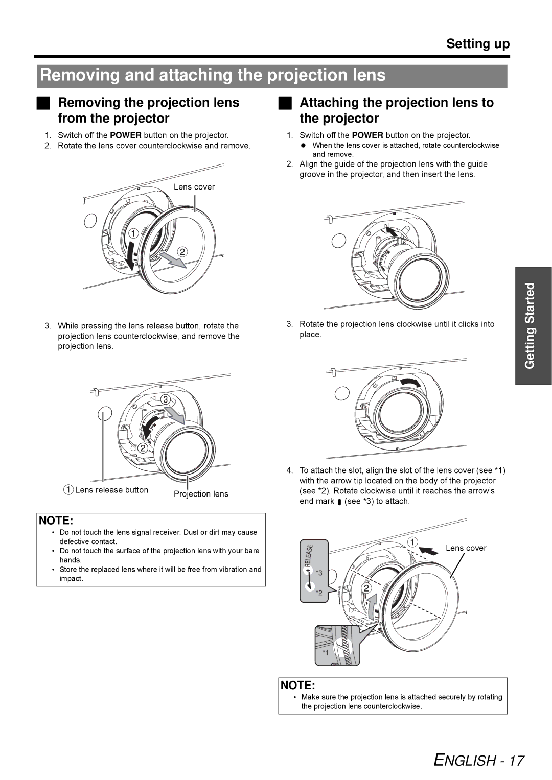 Panasonic D6KE Removing and attaching the projection lens, Setting up,  Removing the projection lens from the projector 