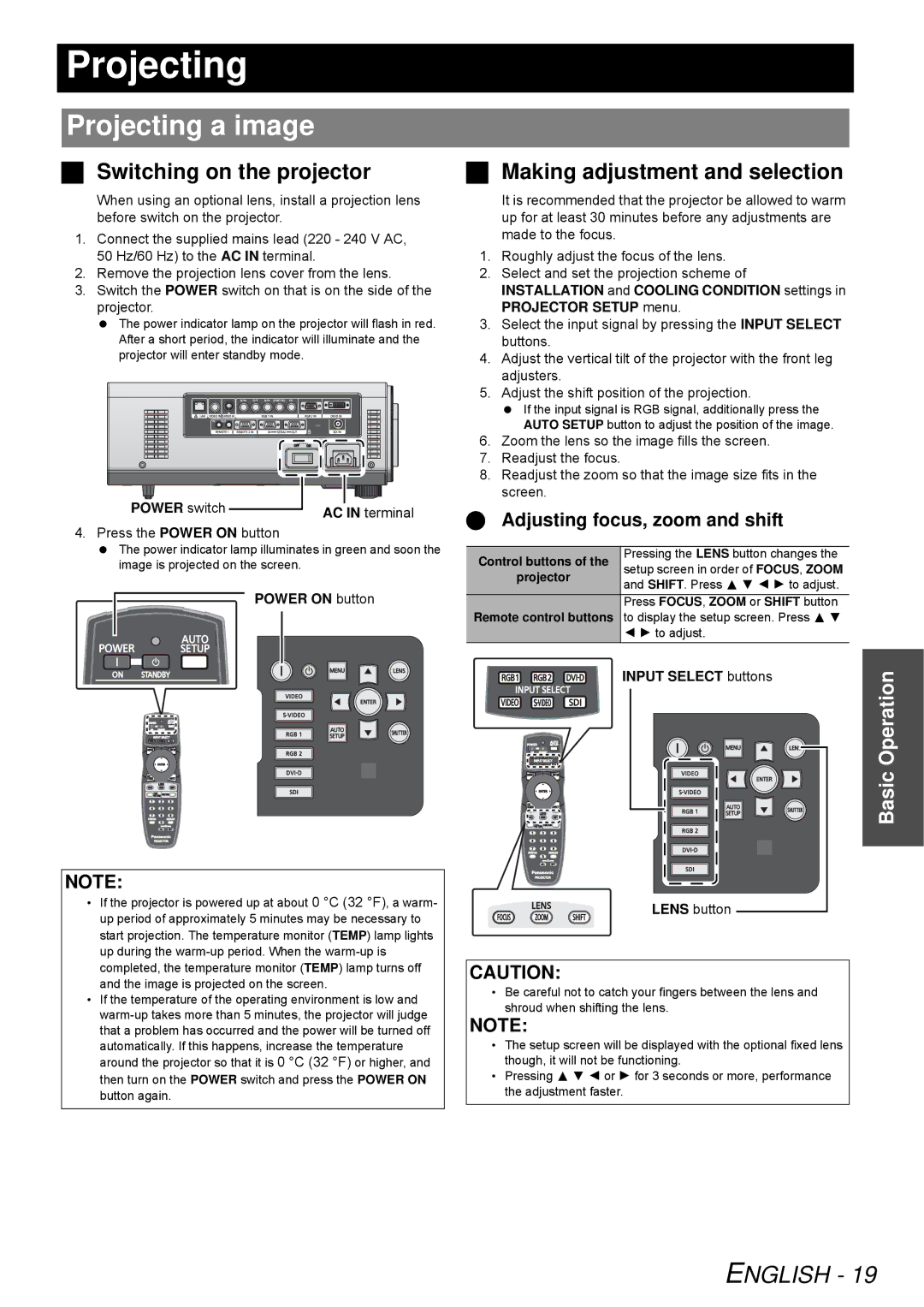 Panasonic D6KE, PT-DW6300K manual Projecting a image,  Switching on the projector,  Adjusting focus, zoom and shift 