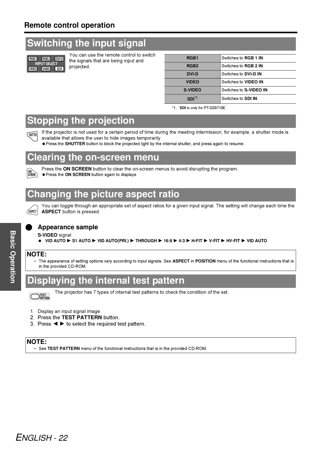 Panasonic PT-DW6300K, D6KE manual Switching the input signal, Stopping the projection, Clearing the on-screen menu 