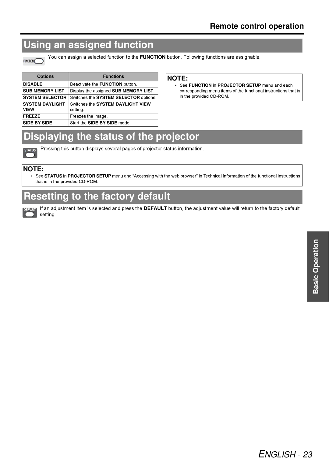 Panasonic D6KE manual Using an assigned function, Displaying the status of the projector, Resetting to the factory default 