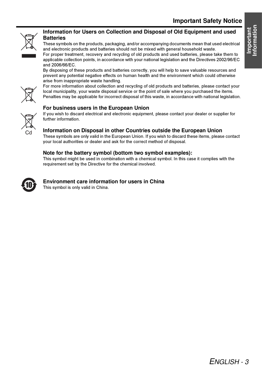 Panasonic D6KE, PT-DW6300K manual Important Safety Notice, For business users in the European Union 