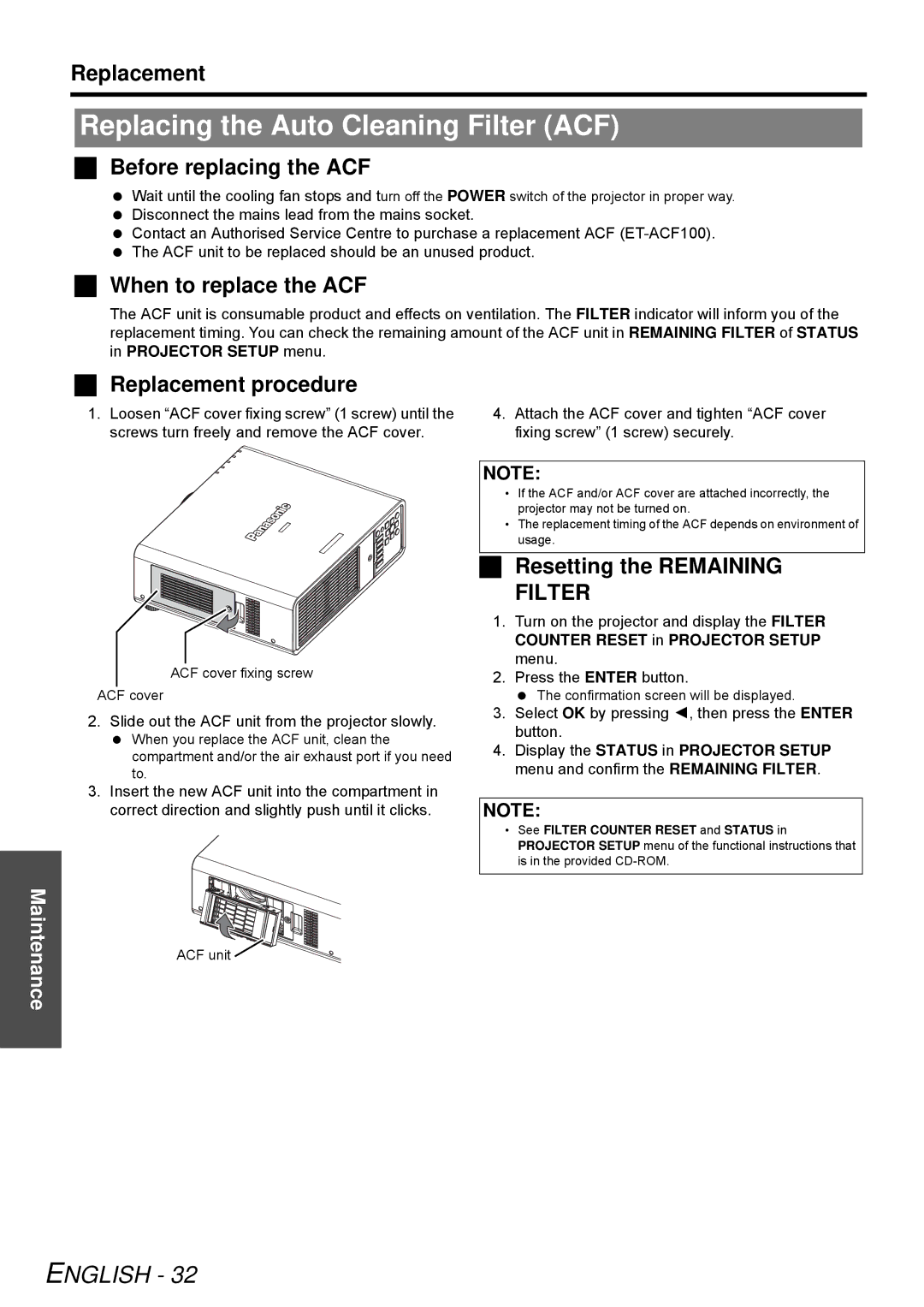 Panasonic PT-DW6300K, D6KE manual Replacing the Auto Cleaning Filter ACF 