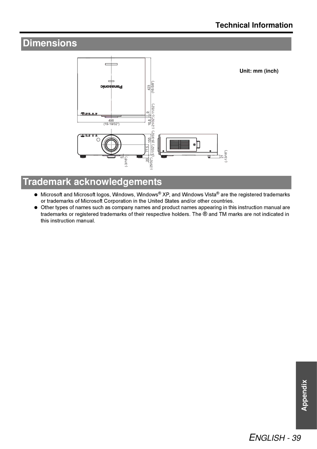 Panasonic D6KE, PT-DW6300K manual Dimensions, Trademark acknowledgements, Unit mm inch 