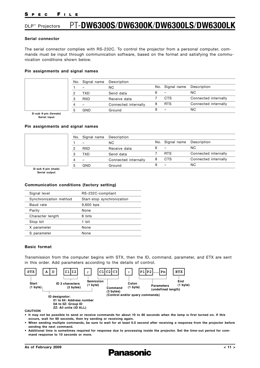 Panasonic DW6300LK, DW6300K Serial connector, Pin assignments and signal names, Communication conditions factory setting 