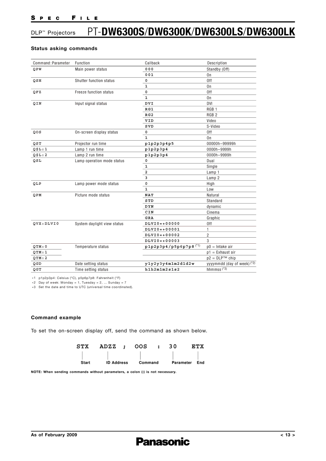 Panasonic PT-DW6300S, PT-DW6300LS, DW6300K, DW6300LK specifications Status asking commands, Command example 