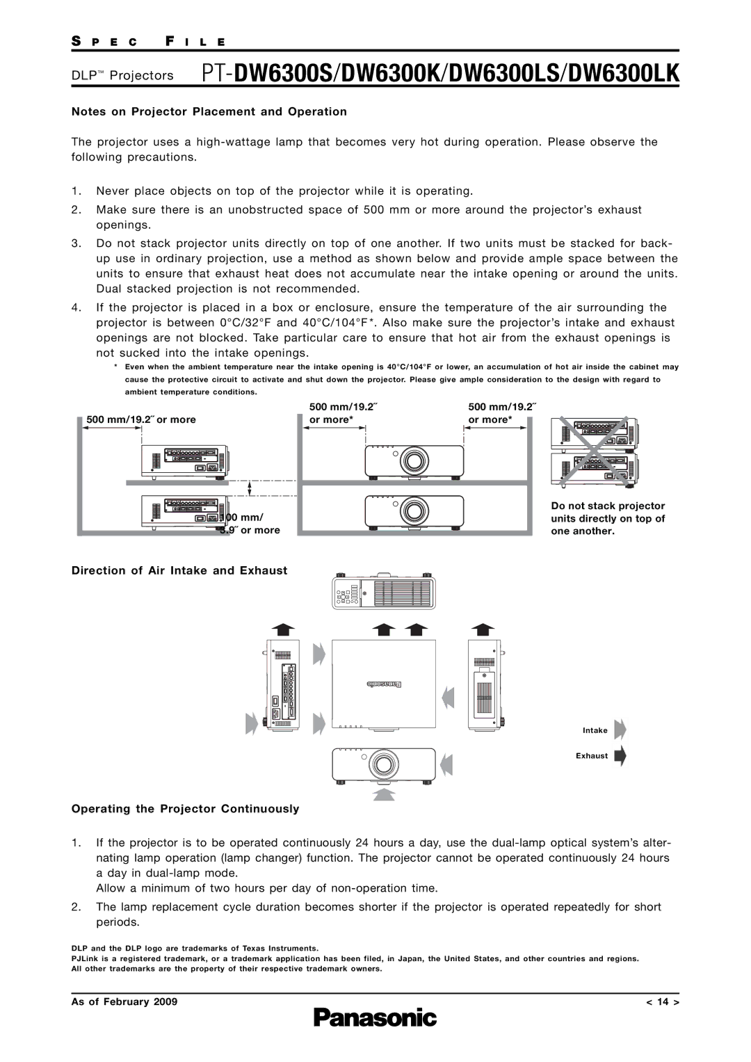 Panasonic DW6300K, PT-DW6300LS, PT-DW6300S Direction of Air Intake and Exhaust, Operating the Projector Continuously 