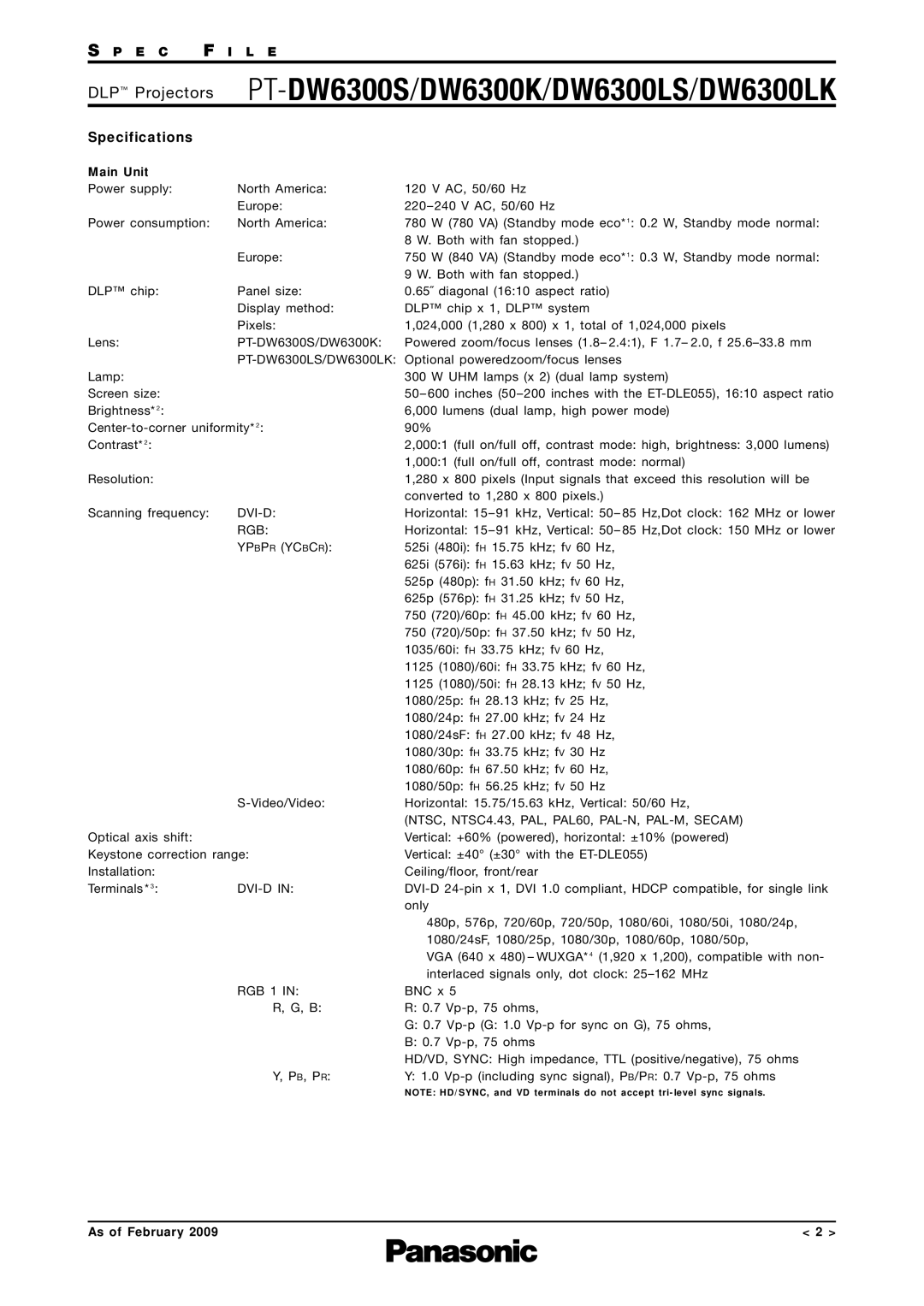 Panasonic PT-DW6300LS specifications PT-DW6300S/DW6300K/DW6300LS/DW6300LK, Specifications 