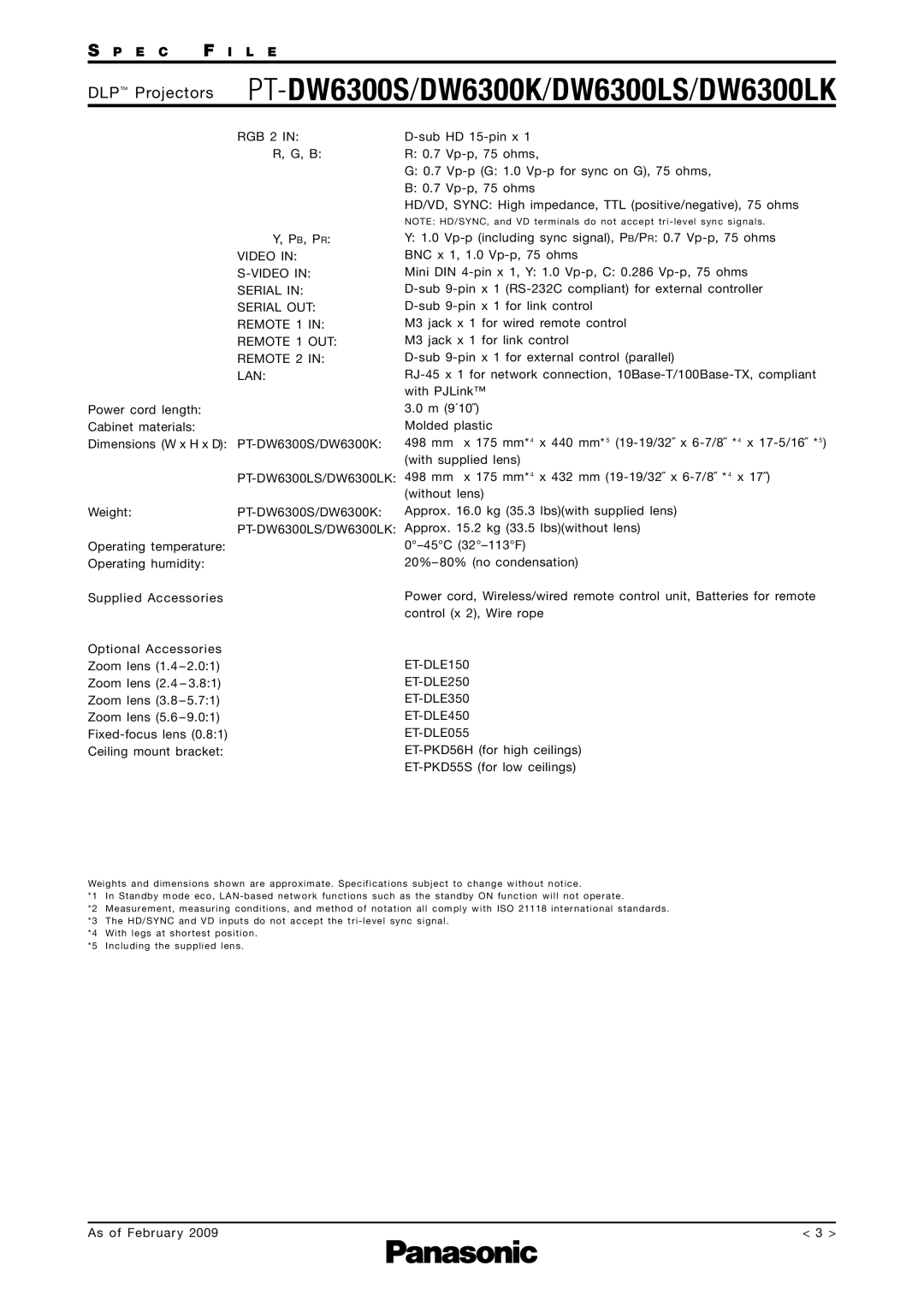 Panasonic DW6300LK, PT-DW6300LS, PT-DW6300S, DW6300K specifications E C F 