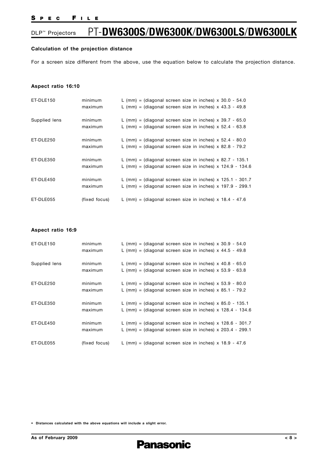 Panasonic PT-DW6300LS, PT-DW6300S, DW6300K, DW6300LK specifications Calculation of the projection distance, Aspect ratio 