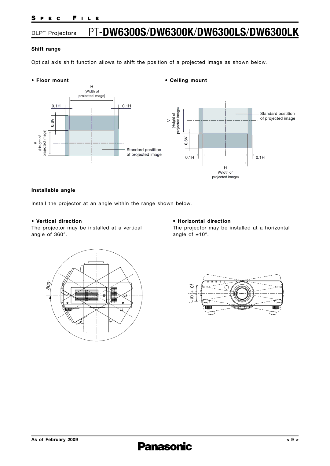 Panasonic PT-DW6300S Shift range, Floor mount, Installable angle Ceiling mount, Vertical direction Horizontal direction 