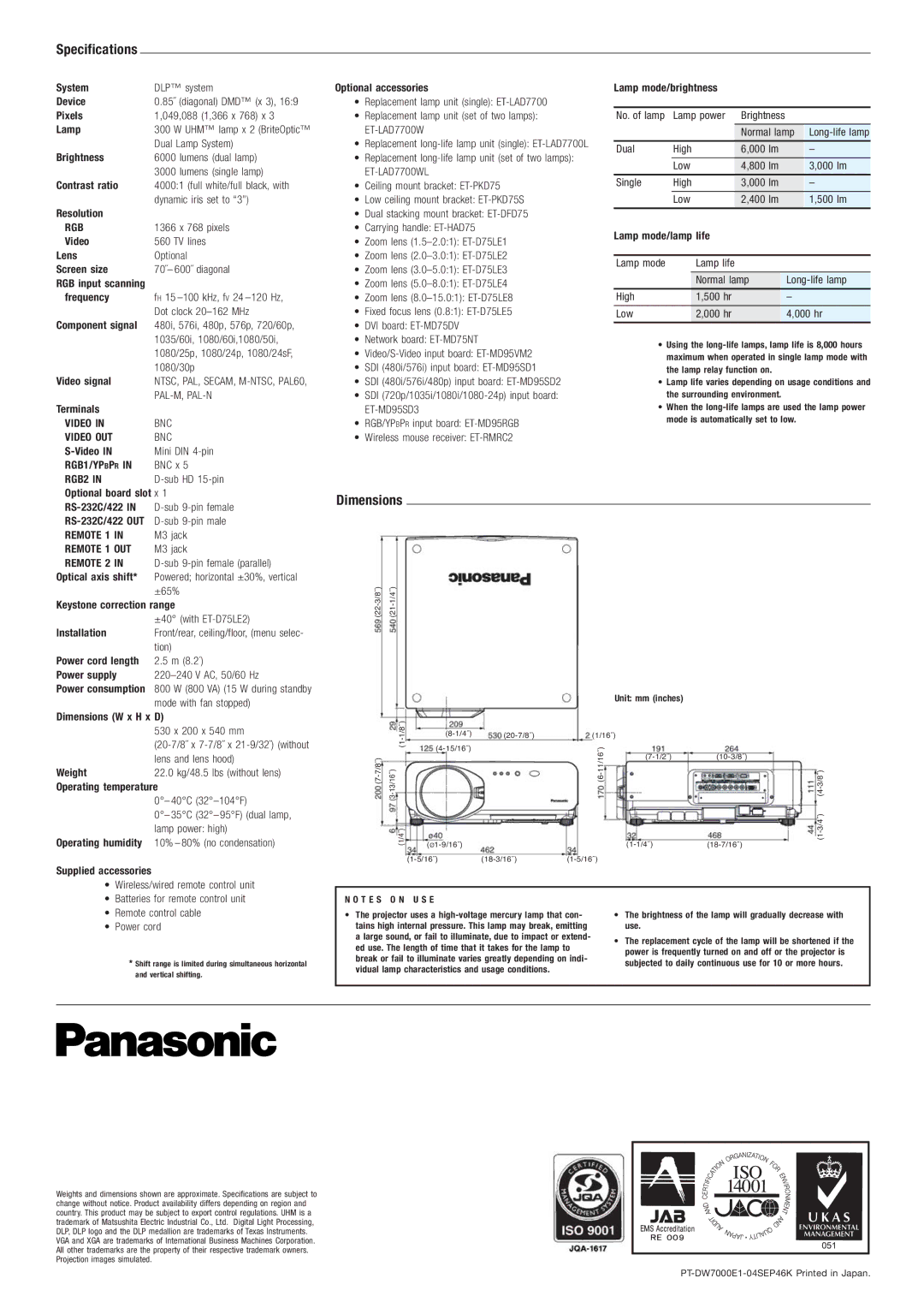 Panasonic PT-DW7000E-K, PT-DW7000E/E-K manual Specifications, Dimensions 