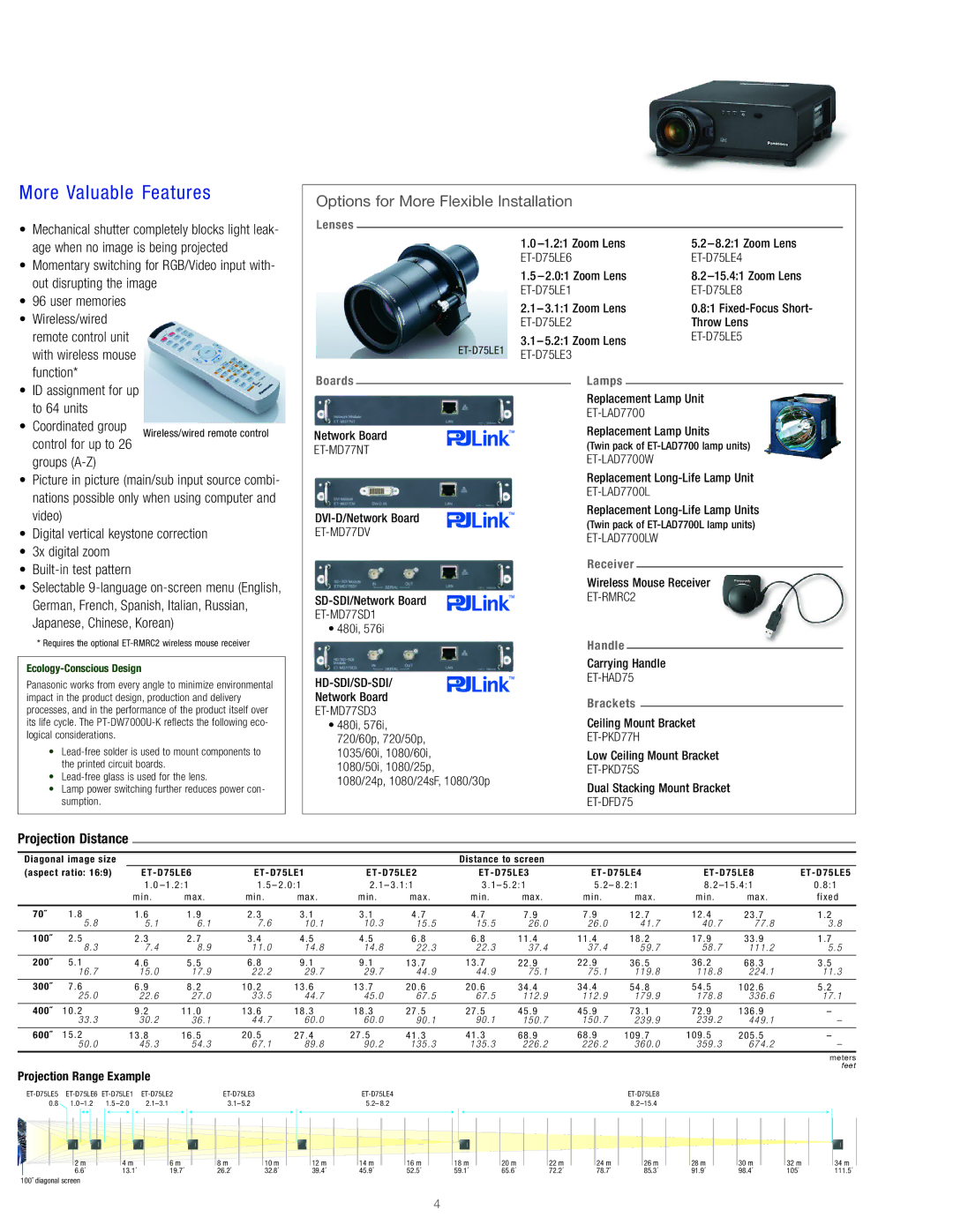 Panasonic PT-DW7000U-K manual More Valuable Features, Projection Distance 