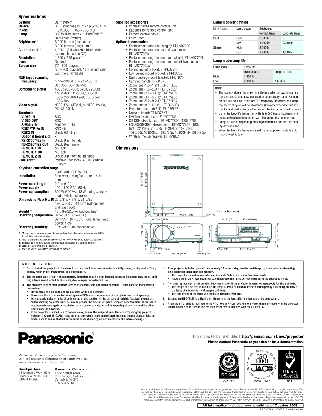 Panasonic PT-DW7000U-K manual Specifications, Dimensions 