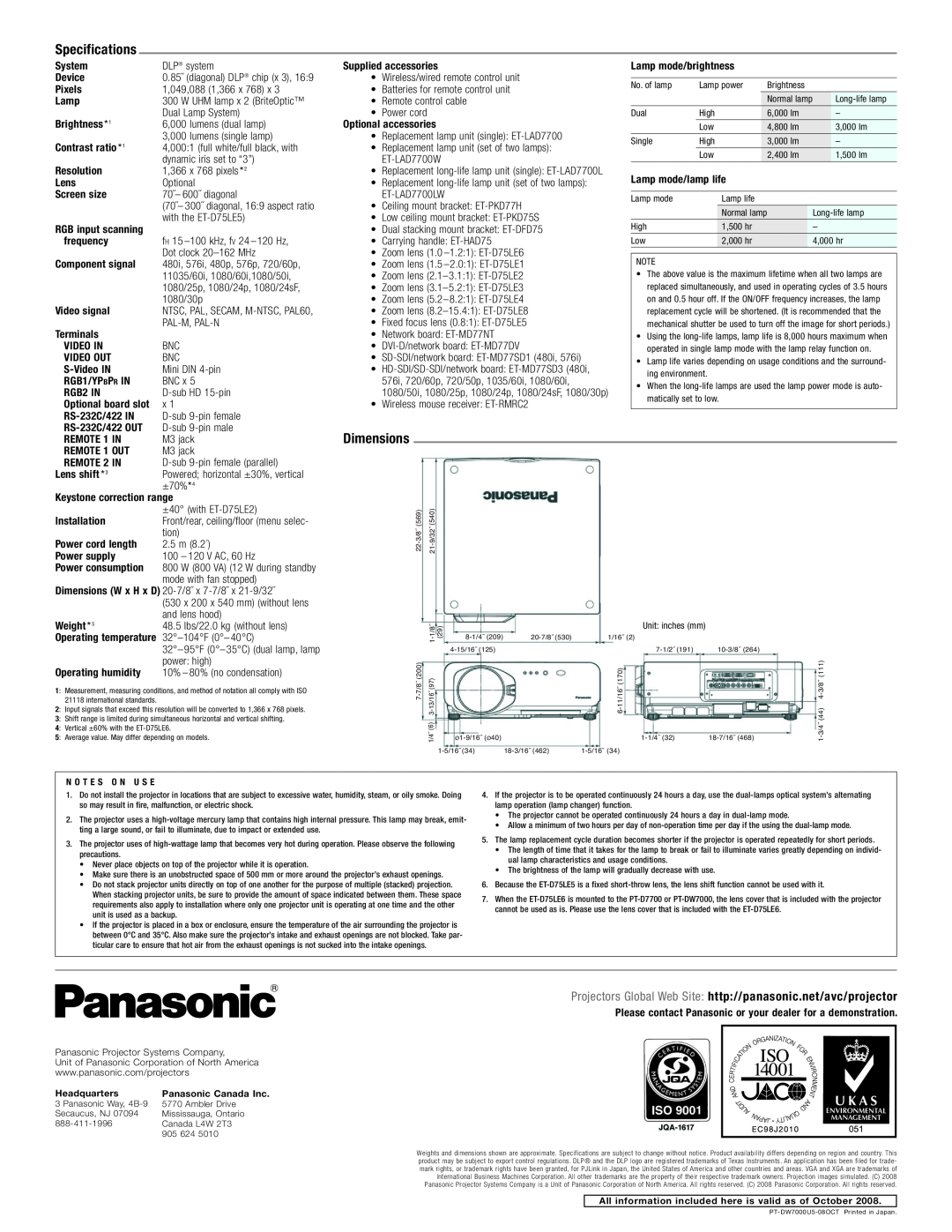 Panasonic PT-DW7000U-K manual Specifications, Dimensions, Projectors Global Web Site http//panasonic.net/avc/projector 