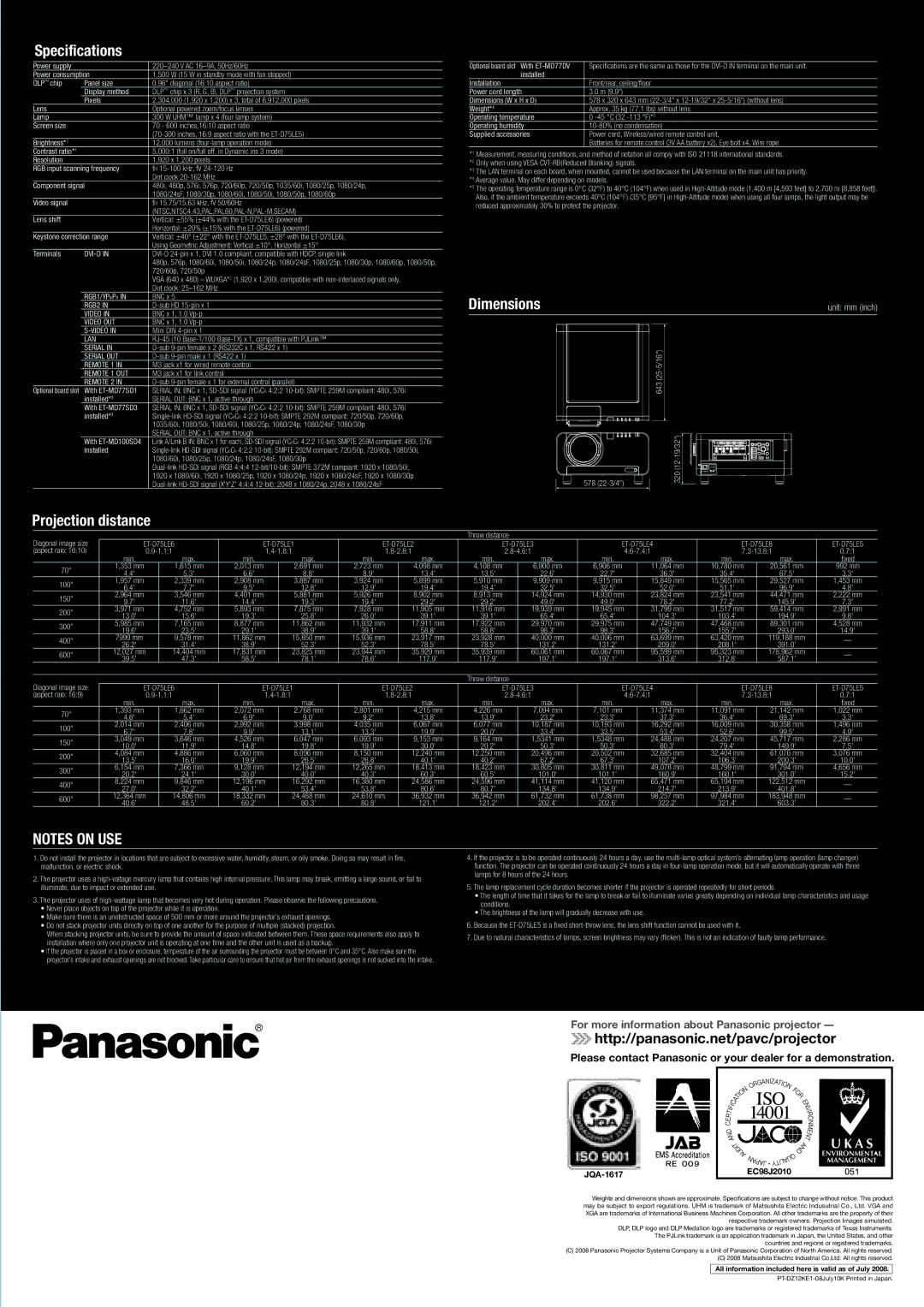 Panasonic PT-DZ12000E specifications Specifications, Please contact Panasonic or your dealer for a demonstration 