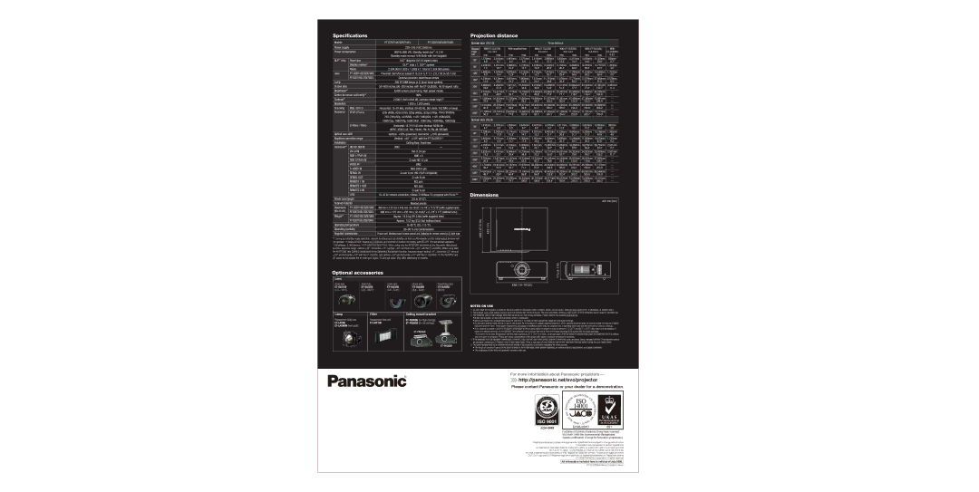 Panasonic PT-DZ6700EL, PT-DZ6710EL manual Specifications, Optional accessories, Projection distance, Dimensions 