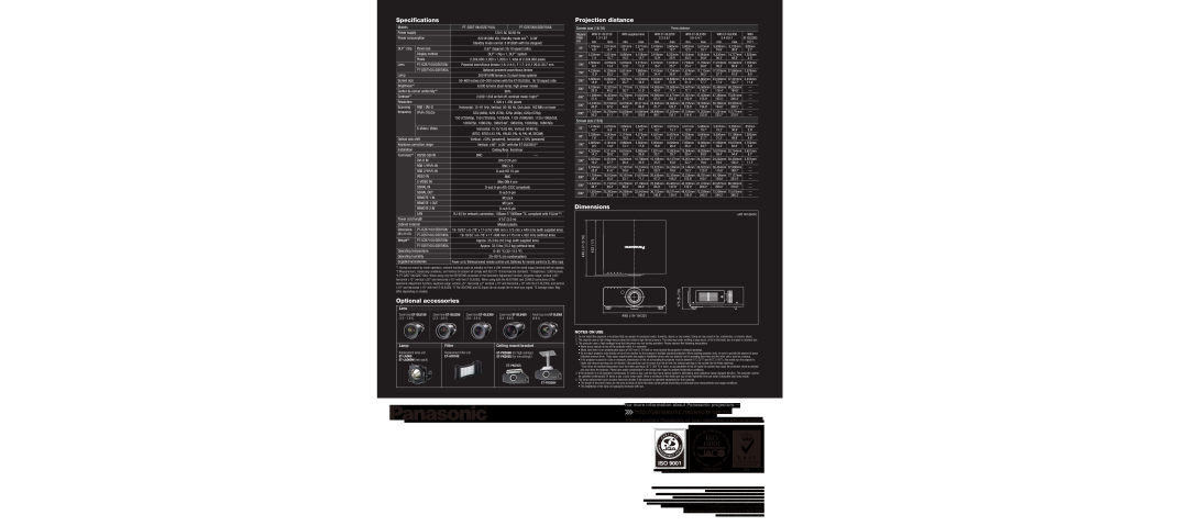 Panasonic PT-DZ6710U manual Specifications, Optional accessories, Projection distance, Dimensions, Lens, Lamp, Filter, 0.81 