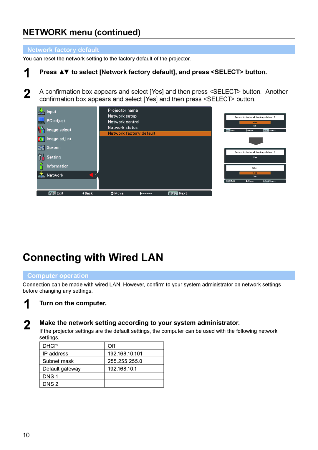 Panasonic PT-EX16K manual Connecting with Wired LAN, Network factory default, Computer operation 