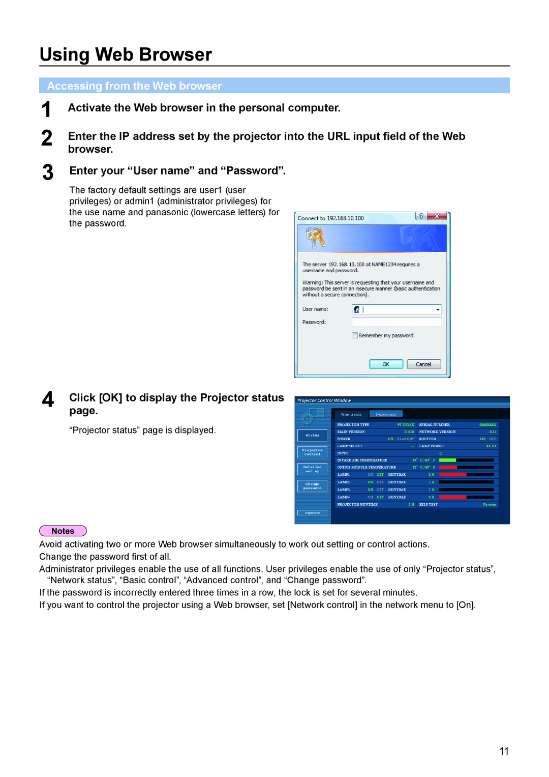 Panasonic PT-EX16K manual Using Web Browser, Accessing from the Web browser 