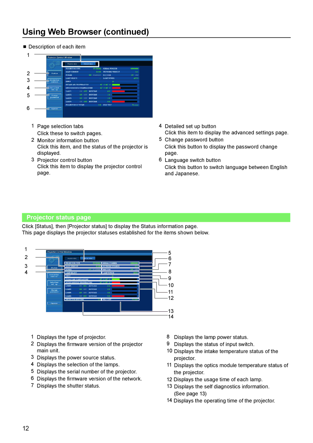 Panasonic PT-EX16K manual Using Web Browser, Projector status 