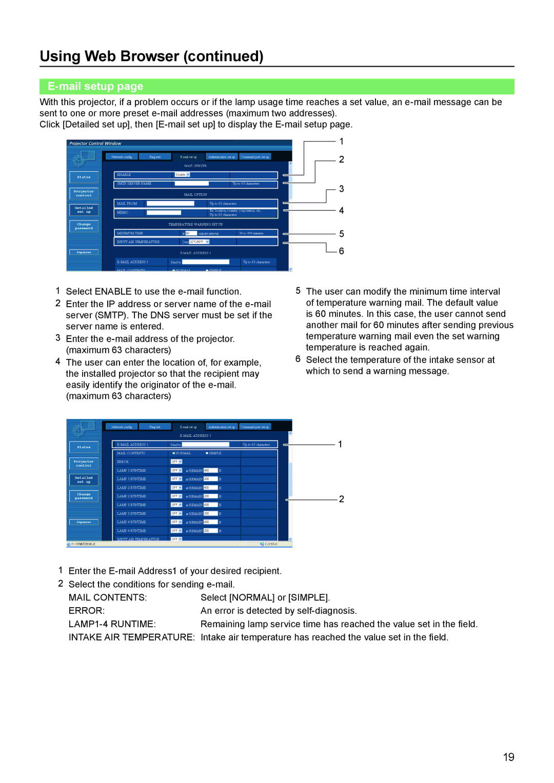 Panasonic PT-EX16K manual Mail setup, LAMP1-4 Runtime 