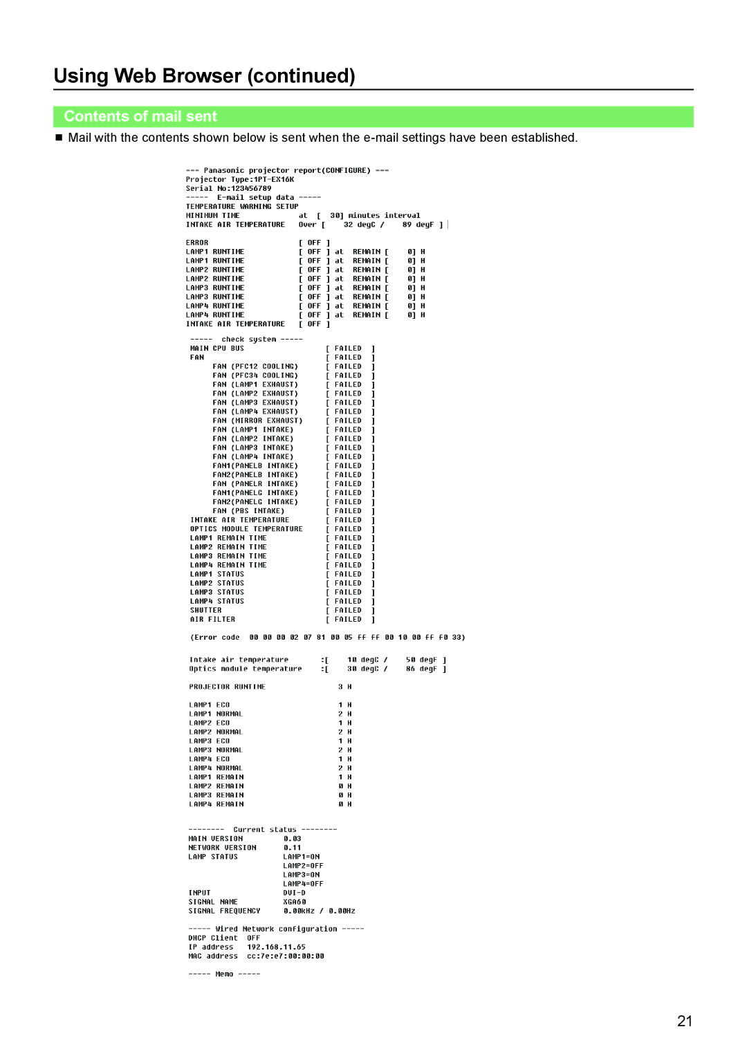 Panasonic PT-EX16K manual Contents of mail sent 