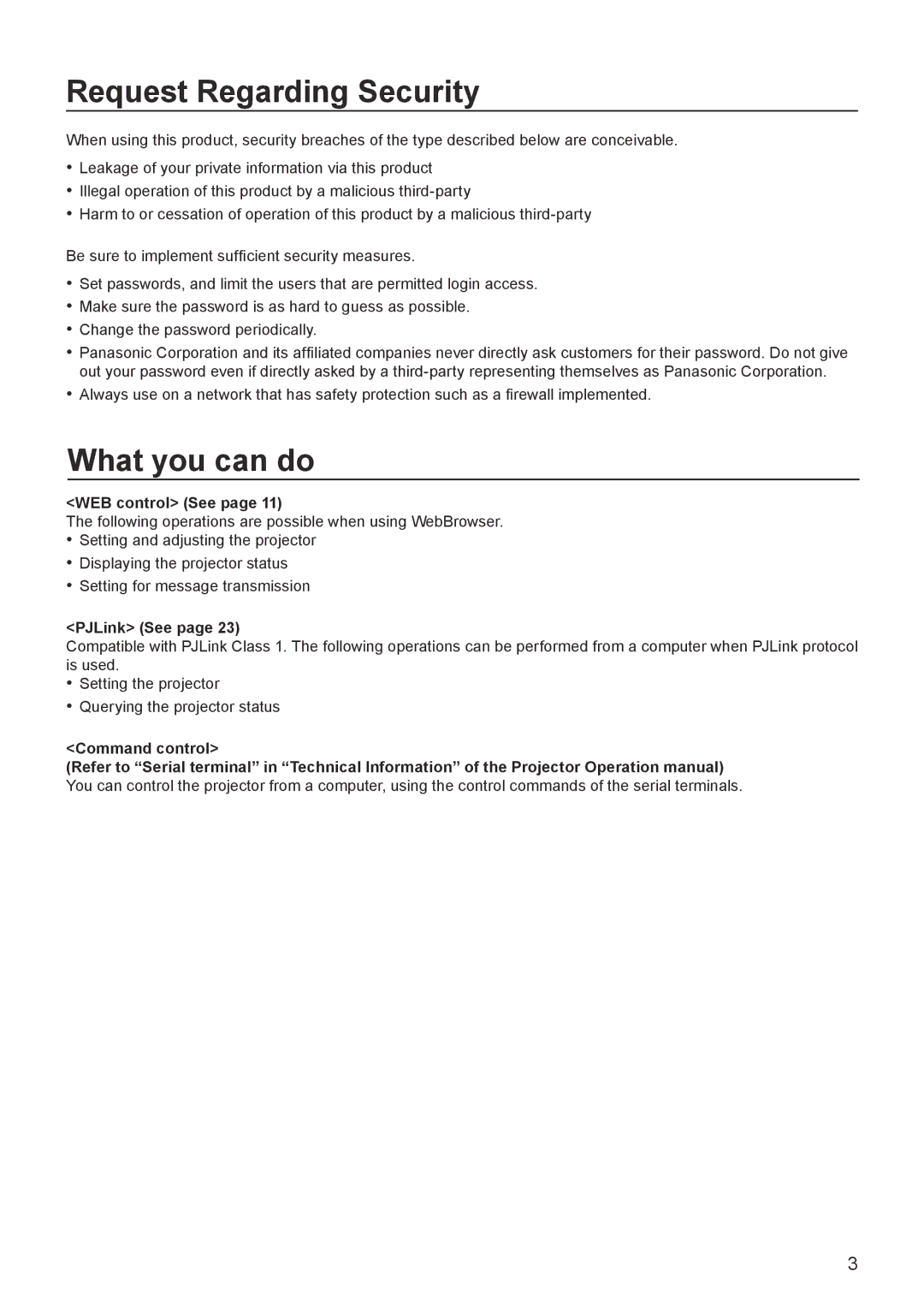 Panasonic PT-EX16K manual Request Regarding Security, What you can do, WEB control See, PJLink See, Command control 