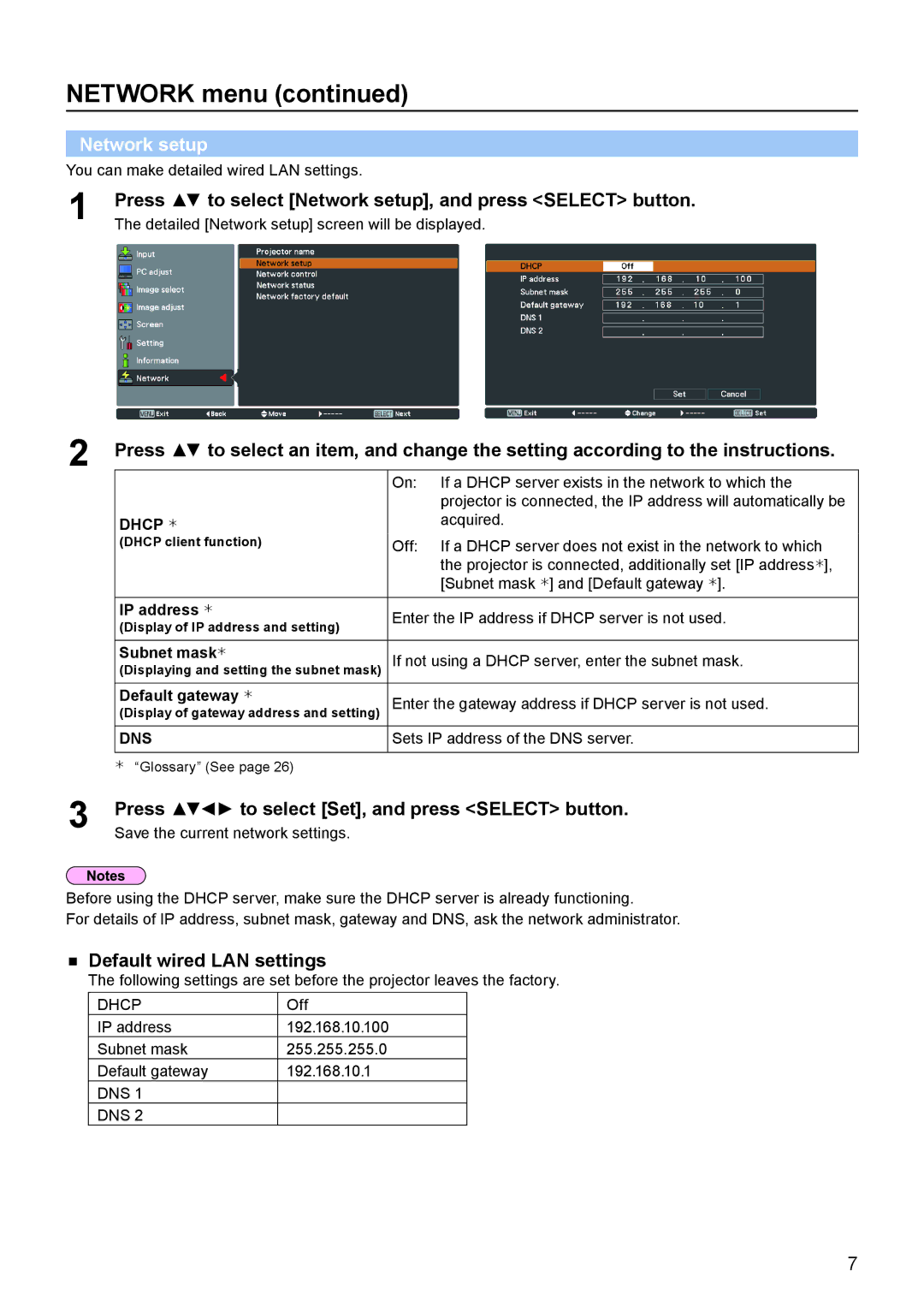 Panasonic PT-EX16K manual Network setup,  Default wired LAN settings, IP address , Subnet mask , Default gateway  