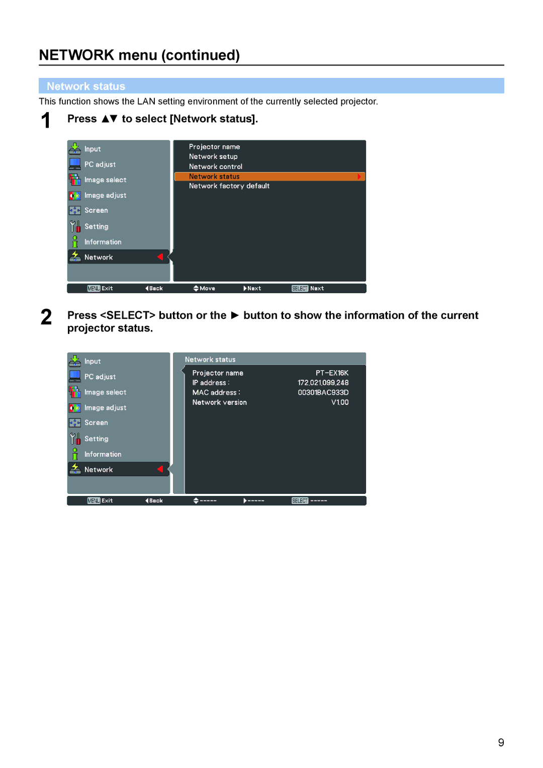 Panasonic PT-EX16K manual Network status 