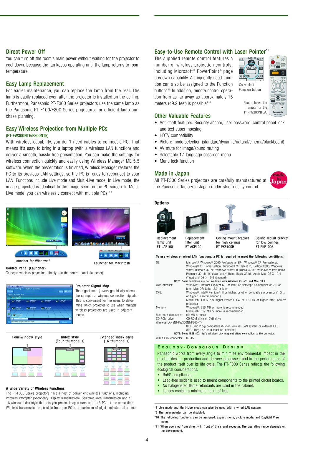 Panasonic PT-F200 Series manual Easy Lamp Replacement, Other Valuable Features, Easy Wireless Projection from Multiple PCs 