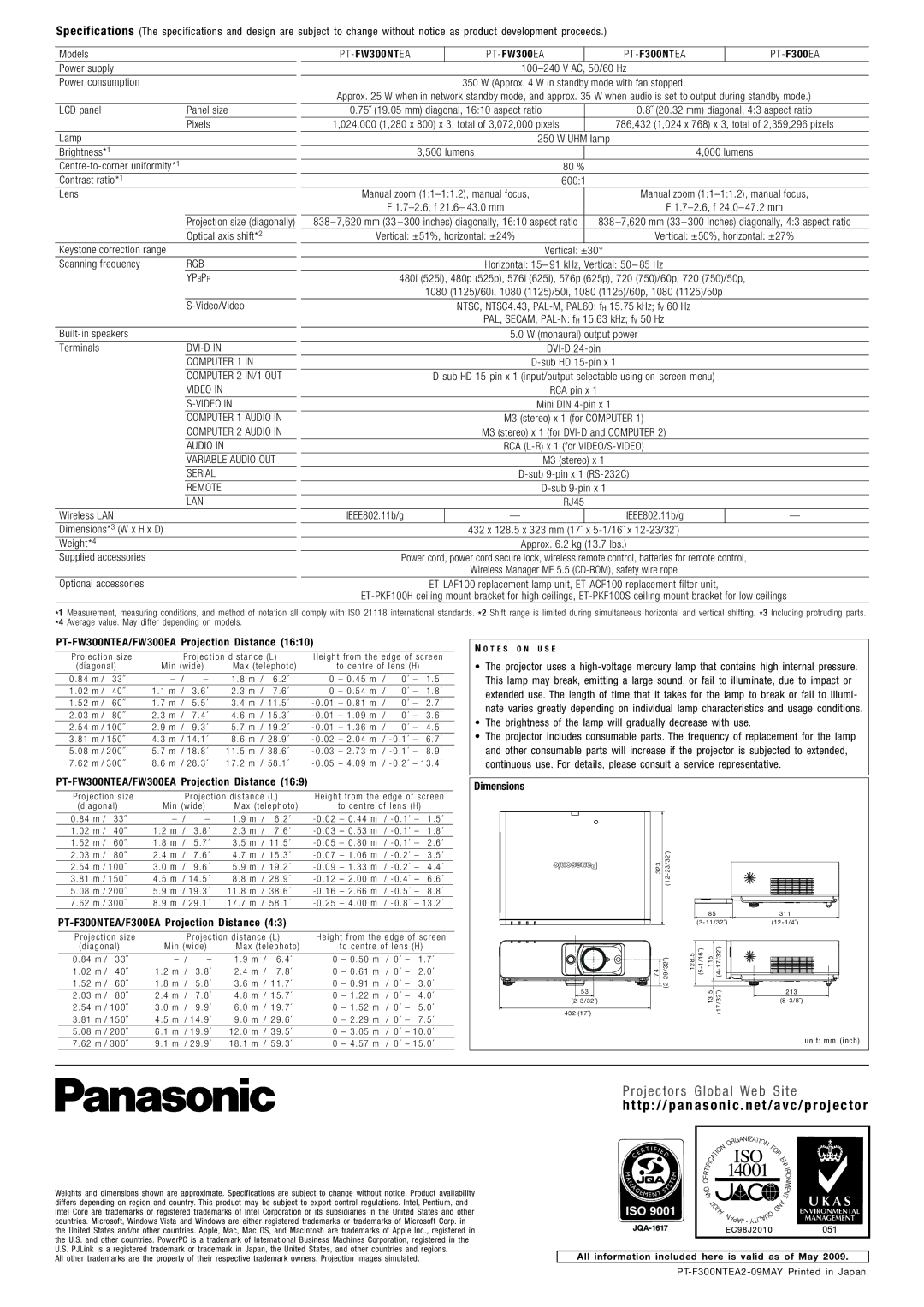 Panasonic PT-F100 Series, PT-F200 Series PT-FW300NTEA/FW300EA Projection Distance, PT-F300NTEA/F300EA Projection Distance 