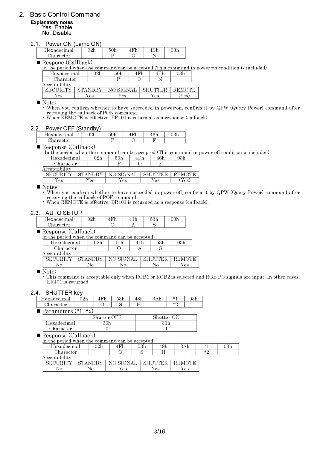 Panasonic PT-F100 specifications „ Respone Callback, „ Response Callback, „ Notes, „ Parameters *1, *2 