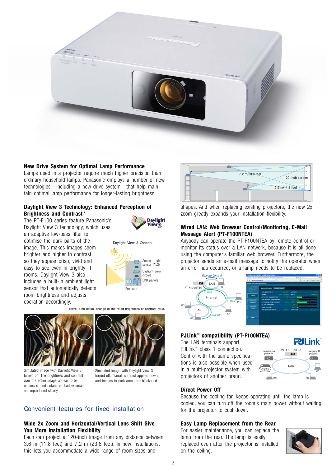 Panasonic PT-F100EA, PT-F100NTEA Convenient features for fixed installation, New Drive System for Optimal Lamp Performance 