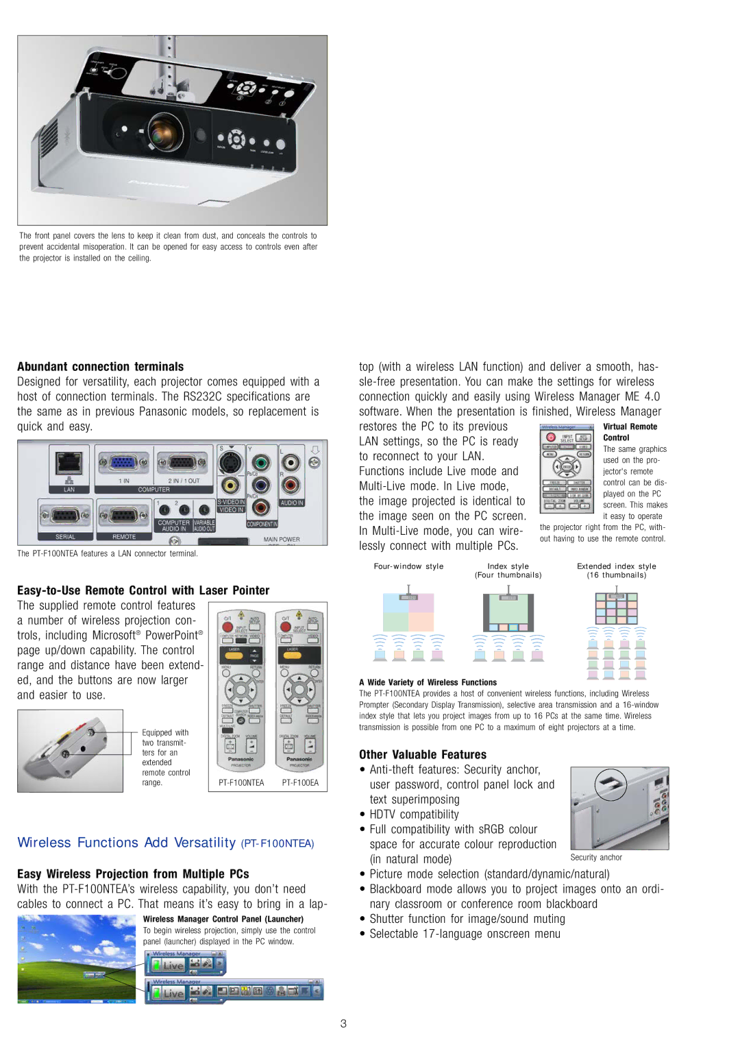 Panasonic manual Wireless Functions Add Versatility PT-F100NTEA, Abundant connection terminals, Other Valuable Features 