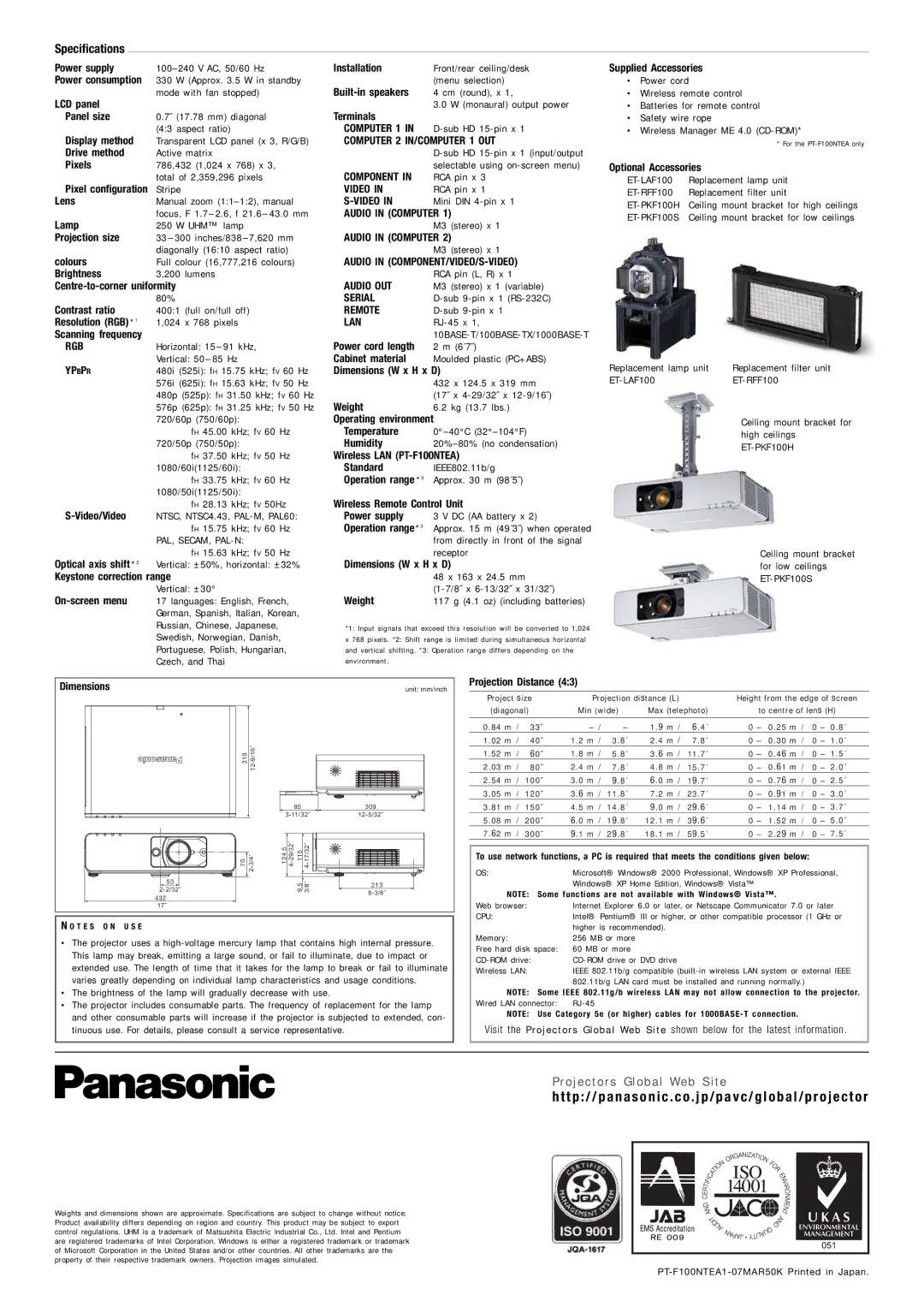 Panasonic PT-F100EA Power supply, LCD panel, Panel size, Display method, Drive method, Pixels, Lens, Lamp, Projection size 