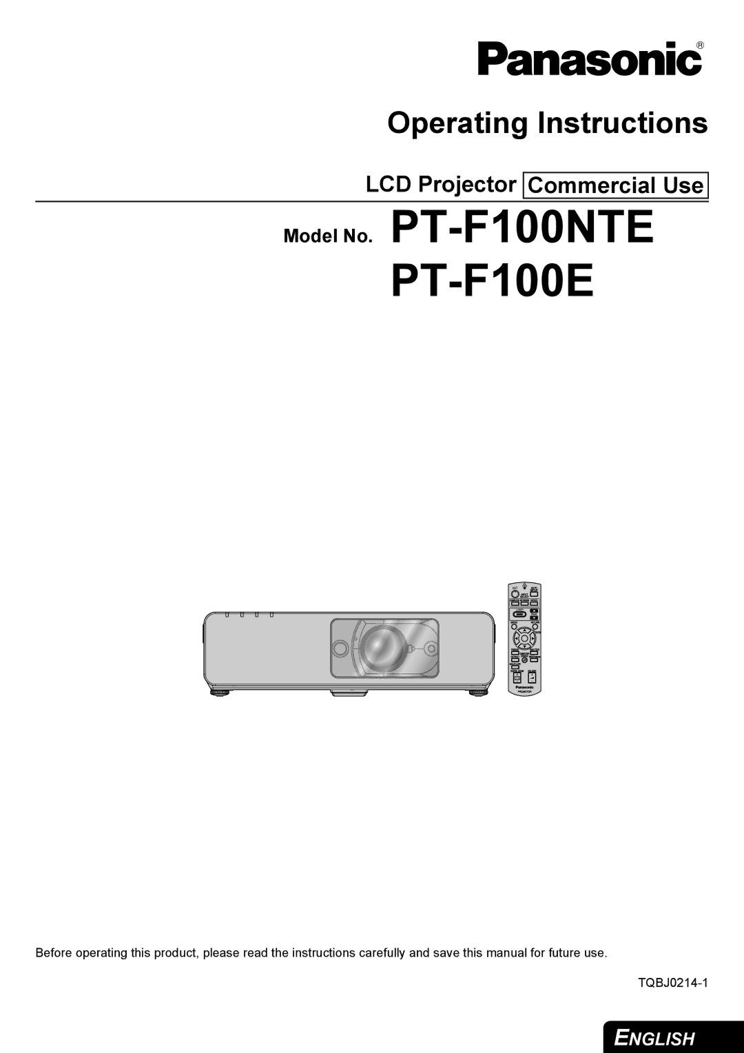 Panasonic PT-F100E, PT-F100NTE manual 