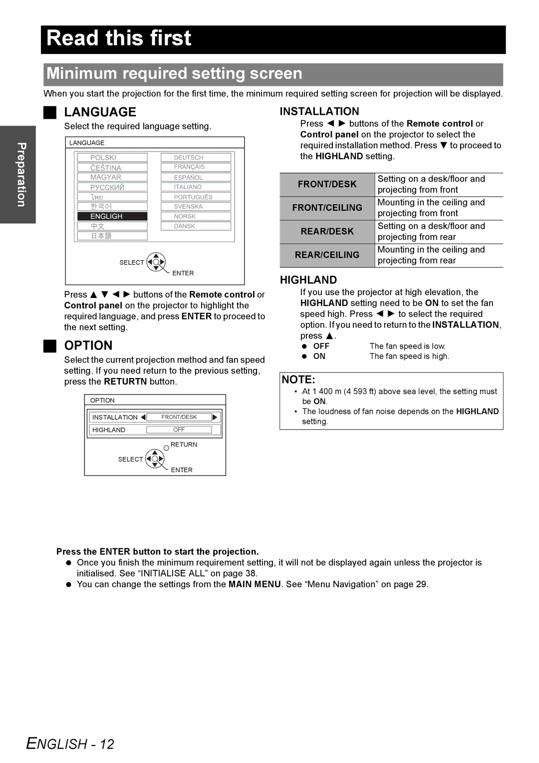 Panasonic PT-F100NTE, PT-F100E manual Read this first, Minimum required setting screen 