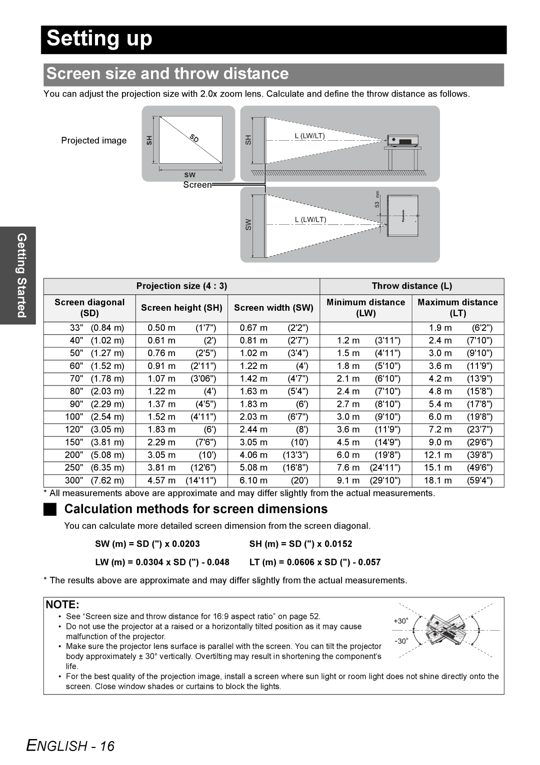 Panasonic PT-F100NTE, PT-F100E manual Setting up, Screen size and throw distance, Calculation methods for screen dimensions 